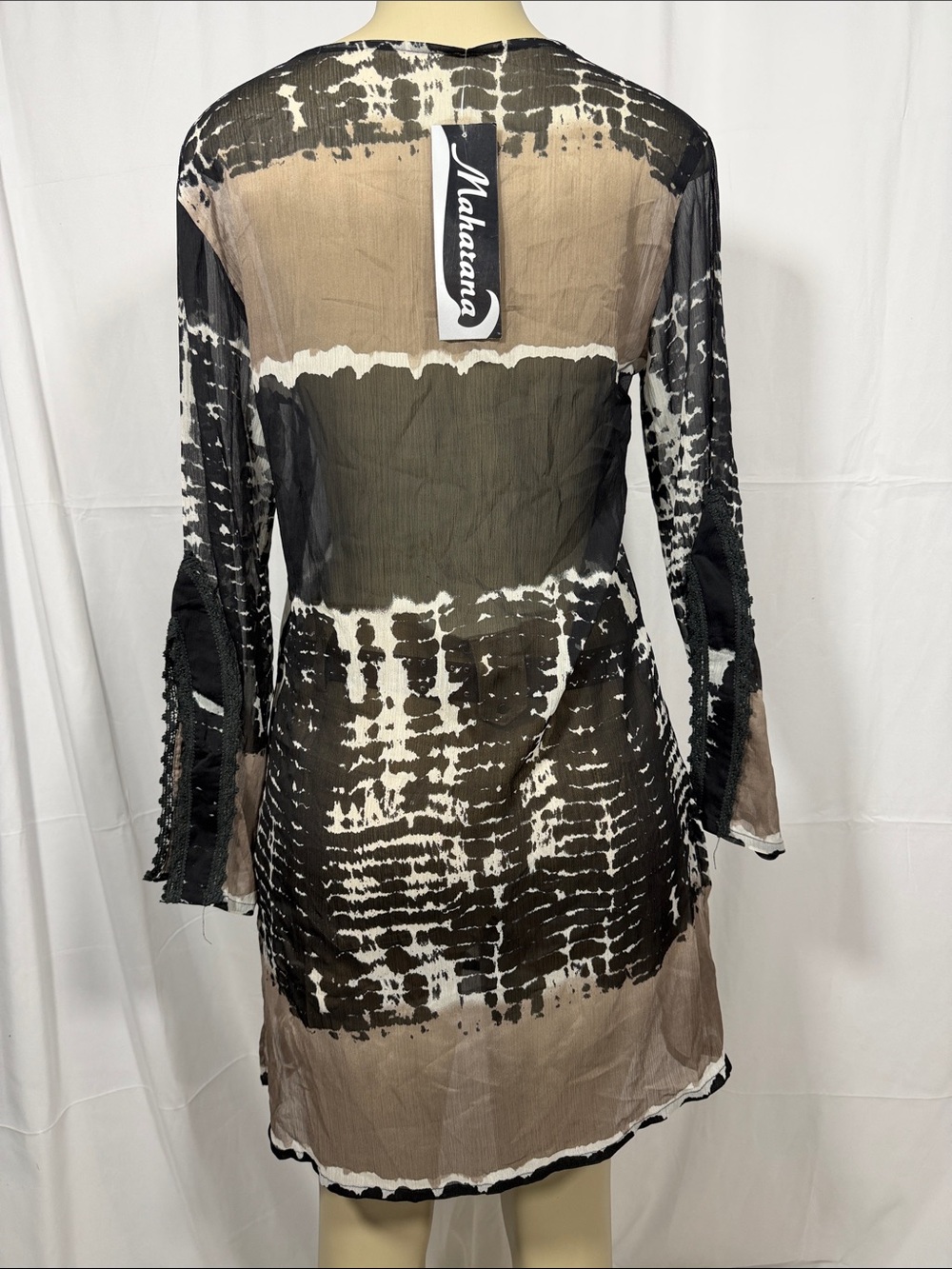 Sheer Tie-Dye Tunic Dress in Black, White & Taupe - Picture 5 of 6